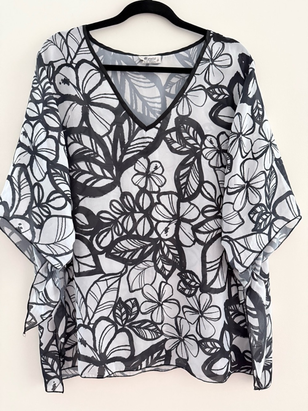Sheer Floral V-Neck Swim Coverup in Black & White
